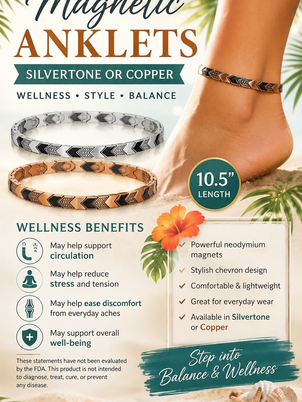 Magnetic Chevron Anklet - Silvertone & Copper
